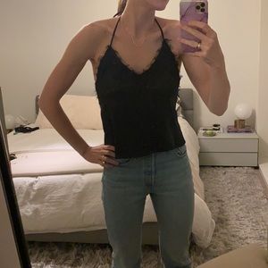 Black halter top with fringe trim